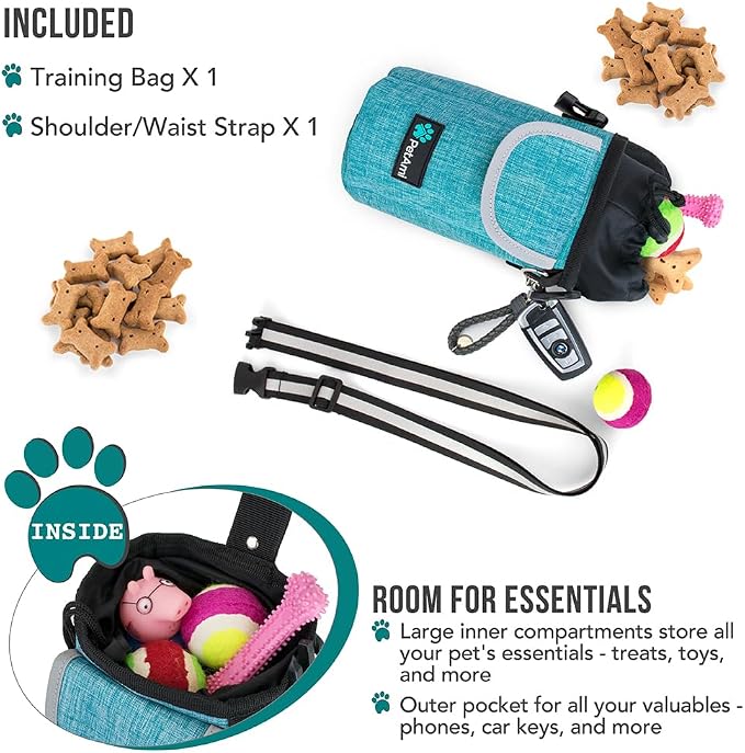 PetAmi Dog Treat Pouch, Large Hands-Free Training Bag, Teal Sea Blue | Built-In Poop Bag Dispenser, Holds 3 Cups Of Treats, 4 Ways to Wear, D-Ring, Reflective Strap, Dog Treat Bag for Walking