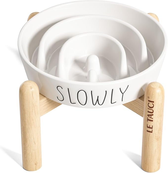 LE TAUCI PET Ceramic Elevated Slow Feeder Dog Bowl - 0.6 Cup Puzzle Feeder with Wooden Stand for Small Breeds, White Pet Dish