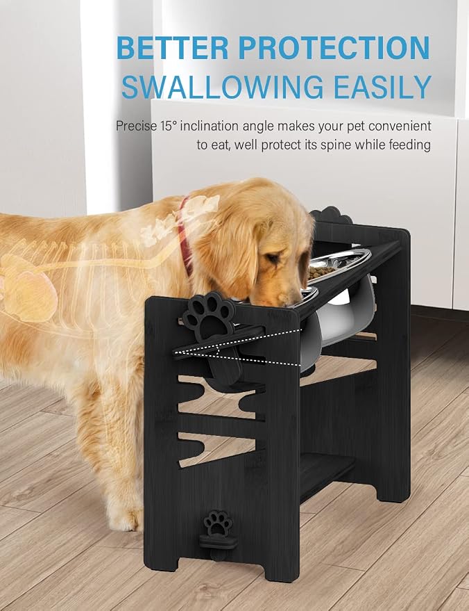 Elevated Dog Bowls, Raised Bowl Stand Adjustable Large/XLarge, Black | Bamboo Elevated Feeder with 2 Stainless Steel Bowls, Adjustable Height Stand for Large and Extra-Large Dogs
