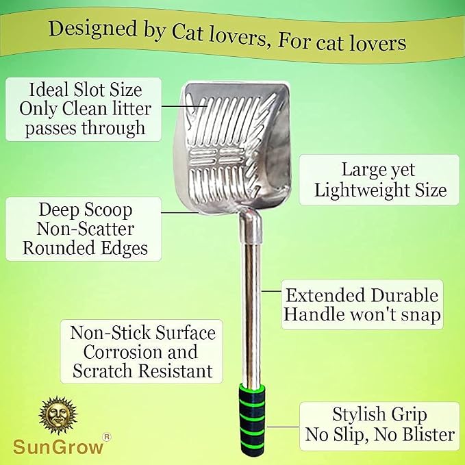 SunGrow Cat Litter Scoop, Stainless Steel Long Handle Chicken Coop Poop Scooper, Comfortable 9” Handle, 5” Wide Mouth, Narrow Slits and High Sides Metal Sifter, for Litter Boxes or Gardening