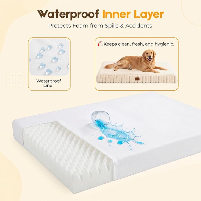 Orthopedic Dog Bed for XXL Jumbo Dog, Waterproof Pet Bed,Non-Slip Bottom and Egg-Crate Foam with Removable Washable Cover Crate Bed,Cream,47"x29"x4"