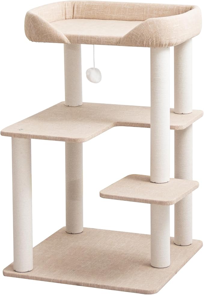 Cat Tree for Large Cats, Modern Senior Friendly Cat Tower with Wide Shelves, Cotton Scratching Posts, Super Sturdy Base, Cozy Perches, and Interactive Toys for Indoor Kittens, 37.4'' Ivory.