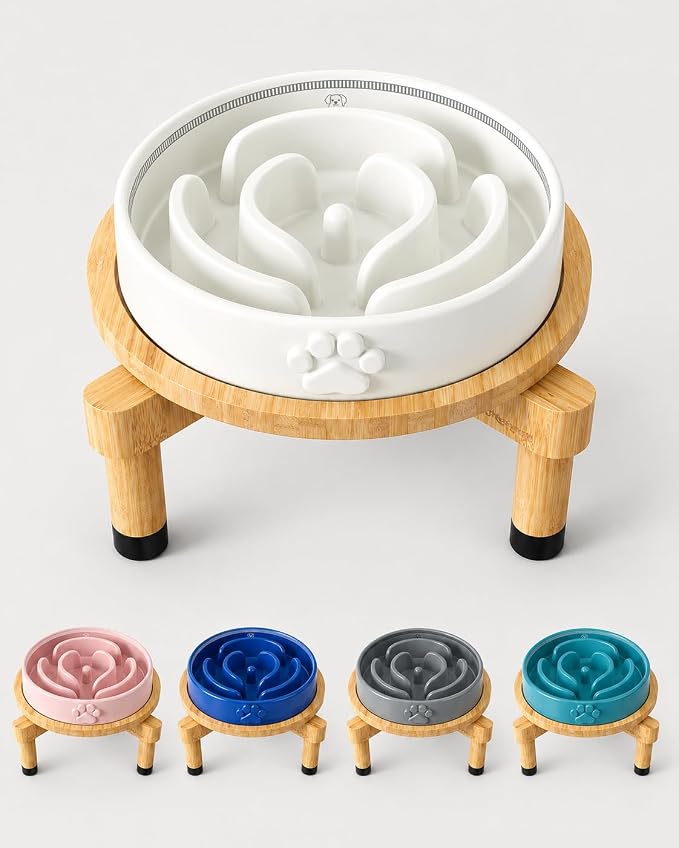 Slow Feeder Dog Bowls – Elevated Dog Bowl Slow Feeder with Bamboo Stand– Microwaveable Dog Slow Feeder for Small and Medium Dogs – Lead and BPA-Free Ceramic Pet Bowl – Pet Feeder for Fast Eaters