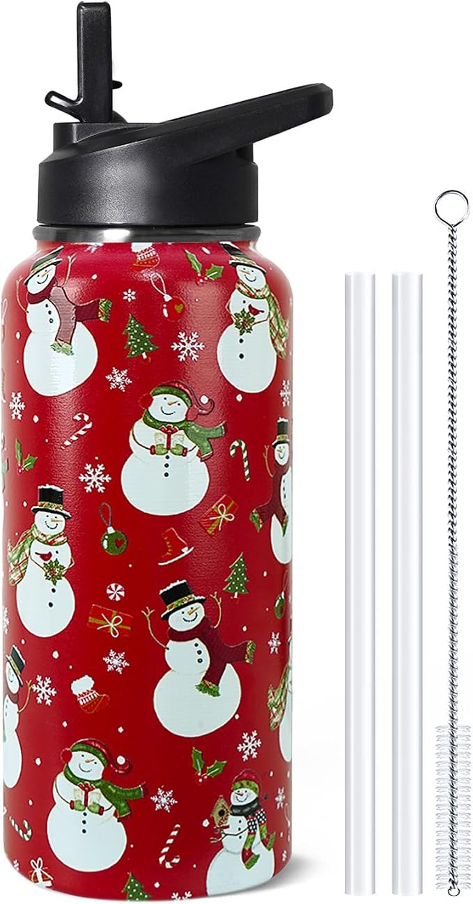 32oz Christmas Snowman Insulated Aater Water Bottle with Straw,Christmas Gym Hiking Sports Coffee Mug Cup Water Bottles,Christmas Gifts for Women,Christmas Decor Stuff Accessories