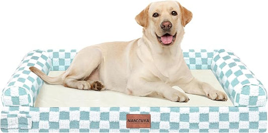 NANUYA Orthopedic Dog Bed for Large Dogs, 38 x 25 Inch, Green Grid | Egg crate foam for joint support, 3-sided bolster pet sofa, waterproof lining, washable cover, and non-skid base