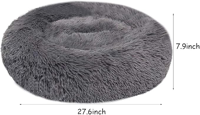 Faux Fur Dog Bed Cat Bed,Shag Round Anti-Anxiety Pet Calming Bed Doughnut Cuddler for Medium Large Puppy Dog Cat Kennel Cushion Self Warming Bed (28'' D x 8'' H, Dark Grey)