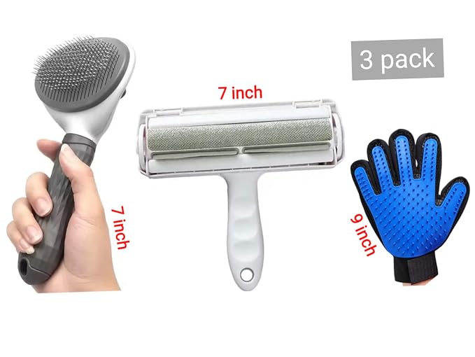3-Pack Pet Grooming Kit for Dogs & Cats Self-Cleaning Slicker Brush, Deshedding Grooming Glove & Reusable Lint Roller Removes Loose Hair, Fur & Tangles, Easy to Clean