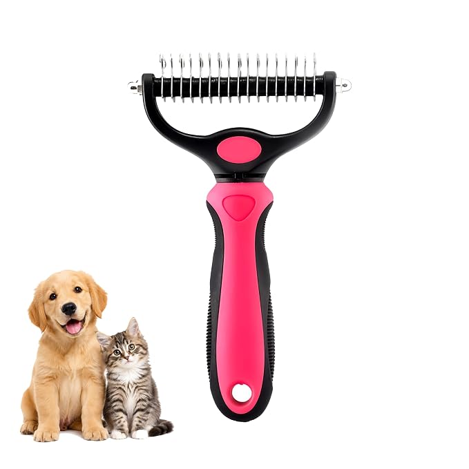 Pet Pro Grooming Comb and Undercoat Rake for Long-Haired Dogs, Shedding Remover, Stainless Steel, Silver and Blue (Pink)
