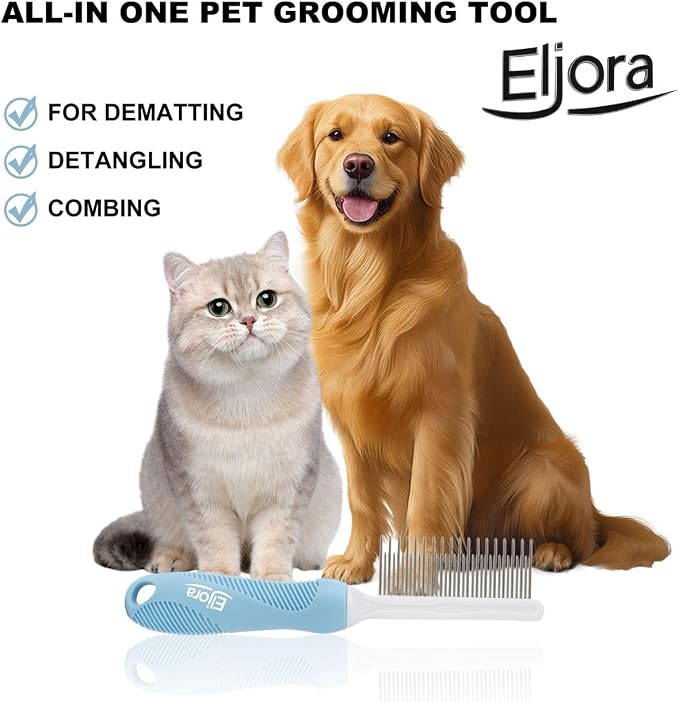 Pet Grooming & Dematting Comb – Stainless Steel Teeth, Non-Slip Grip, Removes Mats & Tangles, Gentle Deshedding Tool for Long & Short Hair Dogs & Cats