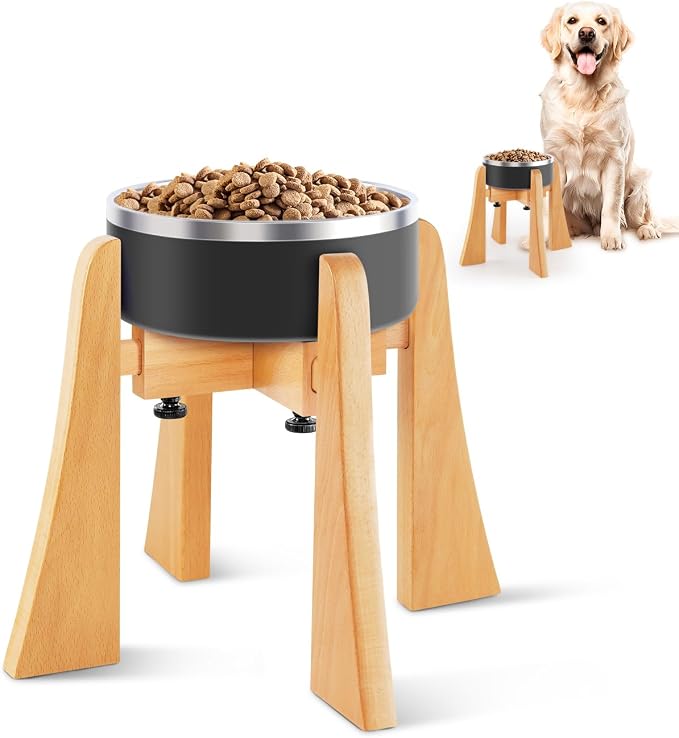 Wooden Elevated Dog Stand Set with Bowl, 10" Height Raised Adjustable Width | Fits 6.3-7.8 Inch Dog Bowls, Stainless Steel Bowl for Food Water, Neck Protection Design for Medium Breed, Senior Dogs