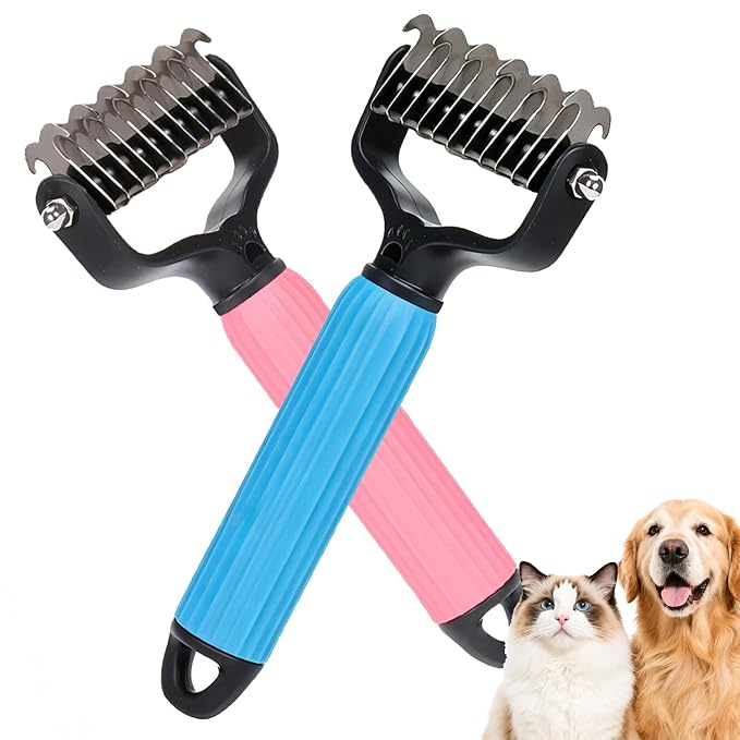 2 Pack Dog & Cat Brush for Shedding, 2-in-1 Undercoat Rake & Dematting Comb | Blue and pink double-sided grooming brushes for tangles, mats and loose undercoat on long, thick or double coats