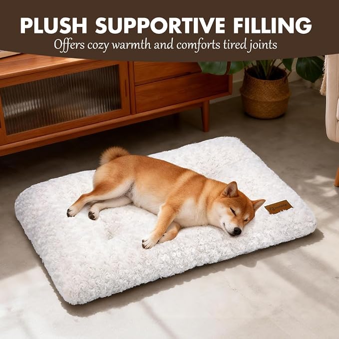 Dog Bed Crate Pad - Rosette Pattern White Velvet Pet Bed Anti-Slip Comfy Kennel Pad for Crates Rosette White L