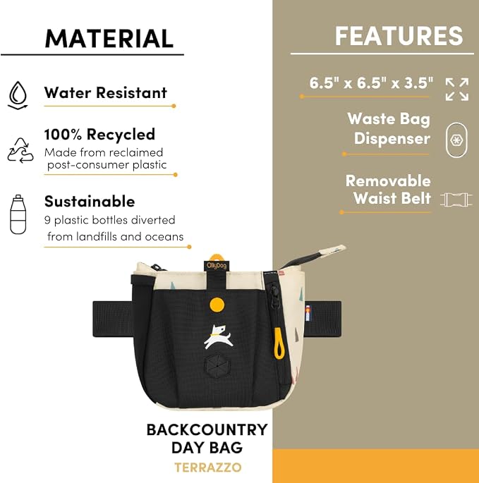 Backcountry Day Bag | Dog Training Treat Pouch | Eco-Friendly Recycled Fabric Fanny Pack with Zipper Closure, Built-in Poop Bag Dispenser & Adjustable Waist Belt (Terrazzo)