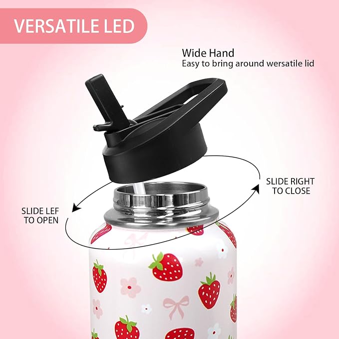 32oz Strawberry Stainless Insulated Aater Water Bottle with Straw,Strawberry Floral Gym Hiking Sports Coffee Mug Cup Water Bottles,Strawberry Themed Gifts for Women,Strawberry Decor Stuff Accessories