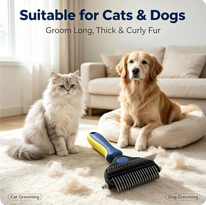 2-in-1 Pet Grooming Comb, Undercoat Rake & Deshedding Brush for Dogs&Cats | Safely remove loose undercoat & mats . reduces shedding by 95% without hurting skin. Ideal for medium & long hair pets，blue
