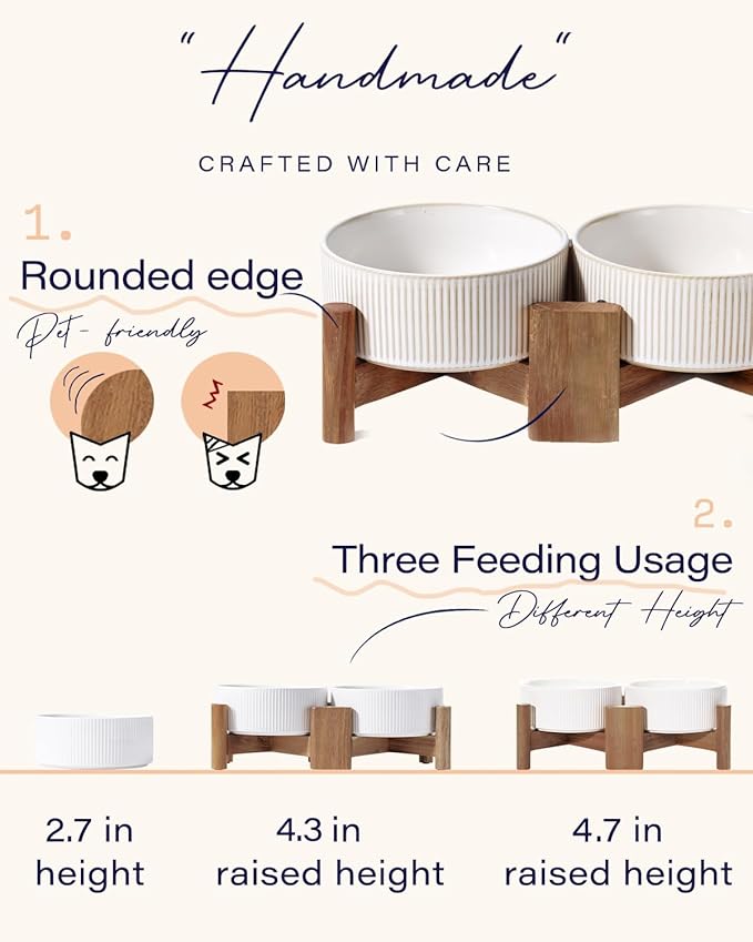 Getstar Ceramic Dog Bowls Set with Acacia Wood Stand, 3.5 Cups Pet Bowls Set of 2 for Medium Dogs, Cute Dog Raised Food Bowl, Cat Bowls