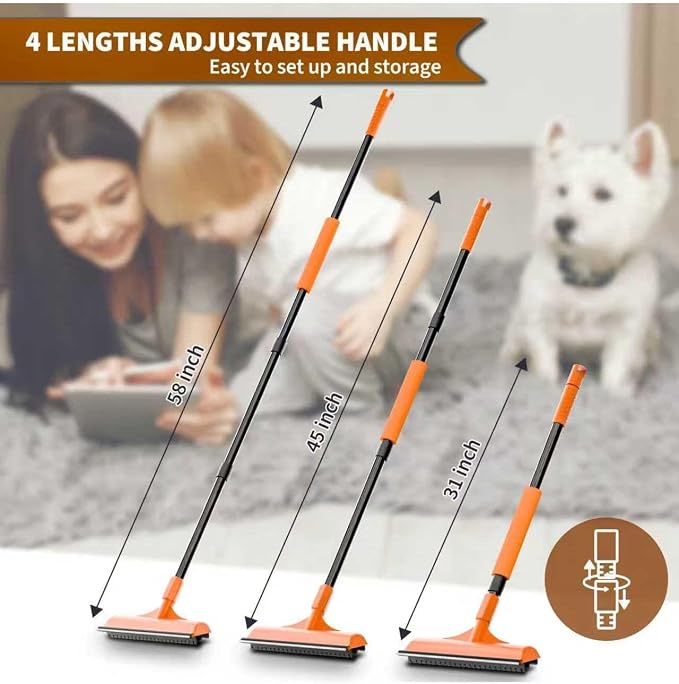 Carpet Rake for Pet Hair Removal - Reusable Dog & Cat Hair Remover with 58" Reinforced Steel Handle, 3-in-1 Professional Modular Rug Rake & Scraper Tool for Shag Rugs, Couch, Stairs (Orange)