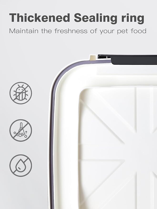 LivLab Mker 20 lb Stackable Pet Food Storage Containers, 3 Pack | Three stackable airtight bins hold 4, 6, and 10 lb for 20 lb total; includes 3 measuring cups and clear BPA-free bodies.
