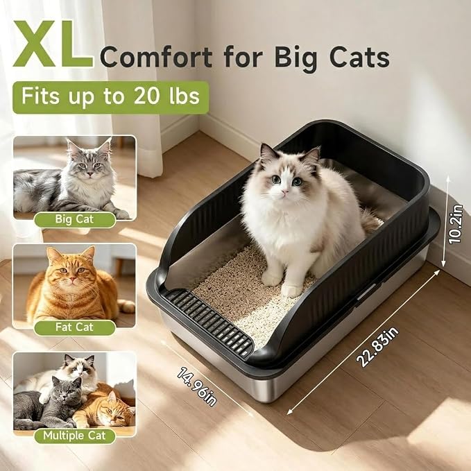 Stainless Steel Litter Box with High Sides, Include Scoop, Black | Easy Cleaning Anti-Urine Leakage Non-Sticky Open Top Low Entry
