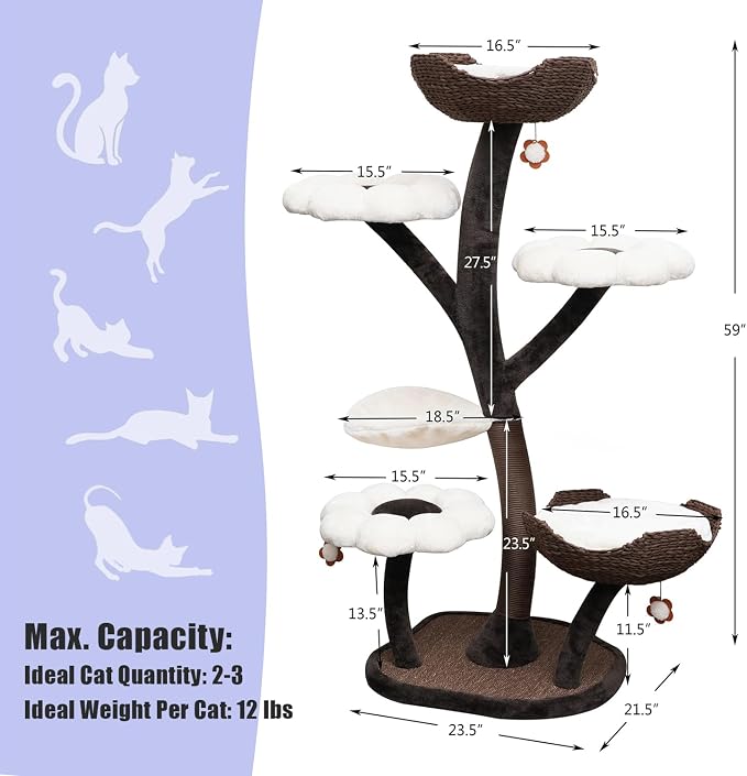 Catry Floral Large Cat Tree with Handcrafted Basket Beds & Flower Perches | Handwoven Baskets Beds with Washable Pads, Durable Iron Frame, Replaceable Flower Perches & 1 Hammock for Multi-Cat Homes