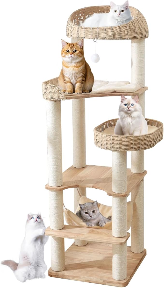 Wooden Cat Tree for Indoor Cats, 62 in Tall Cat Tower | with Scratching Post for Large Cats, Solid Wood Cat Condo, with Handwoven Basket and Hammock, Easy to Clean