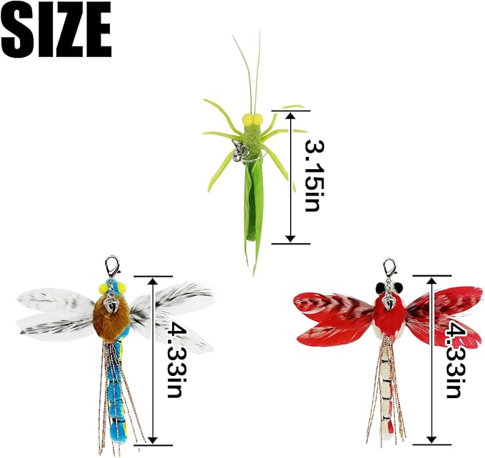 TTcat 3 Pack Dragonfly Grasshopper Cat Wand Refills, Realistic Natural Feather Insect Detachable Replacement Toy Heads with Bell, Universal Lobster Clip-on Cat Teaser Attachments.
