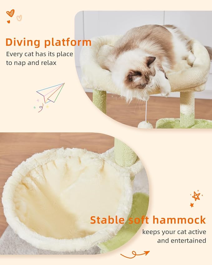 Taoqimiao Cat Tree, 38.5In Cat Tower for Indoor Cats, Suitable for Kittens | Thick Padded Top Perch, Luxurious Cat Condo, Adjustable Basket, 1-Piece Ramp Scratcher, 3 Sisal Posts, Green & Beige MS029SGB