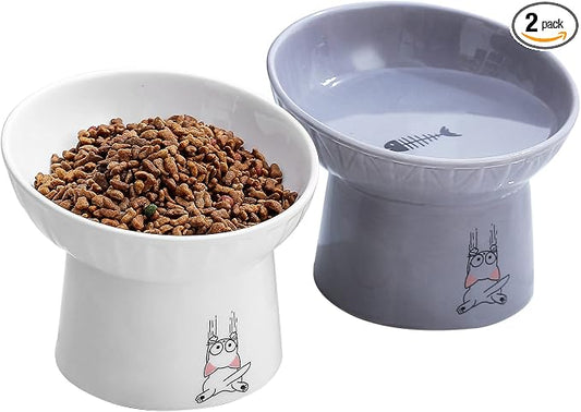 6.5 Inch Extra Wide Ceramic Raised Cat Bowl Set, Tilted Elevated Cat Bowls for Food and Water, Prevent Whisker Fatigue, Stress Free, Less Vomiting, Protect Spine, White & Grey | Prevent Whisker Fatigue, Stress Free, Less Vomiting, Protect Spine, Dishwa...