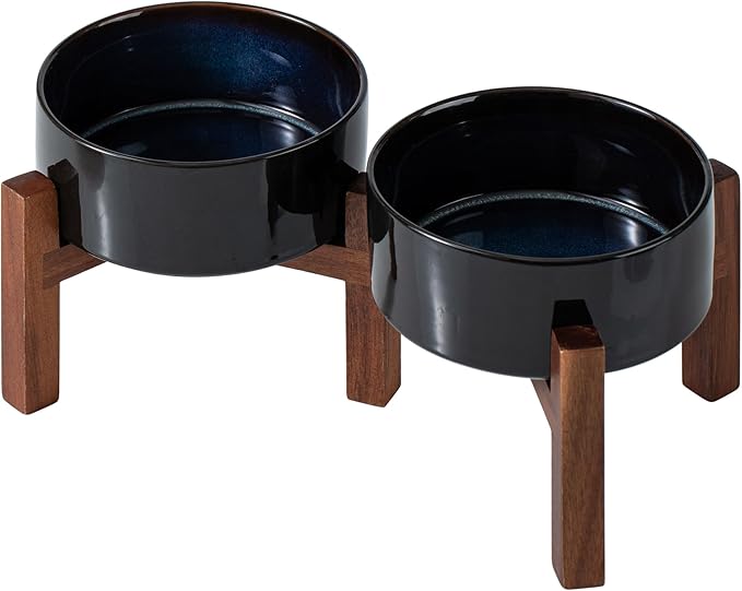 Havniva 6.1" Elevated Dog Bowls Ceramic Raised Dog Bowl with Non-Slip Stand (Acacia Wood) Two Height Options, Dog Food & Water Bowl for Small & Medium Breed Dogs - 3.4 Cups 27 oz