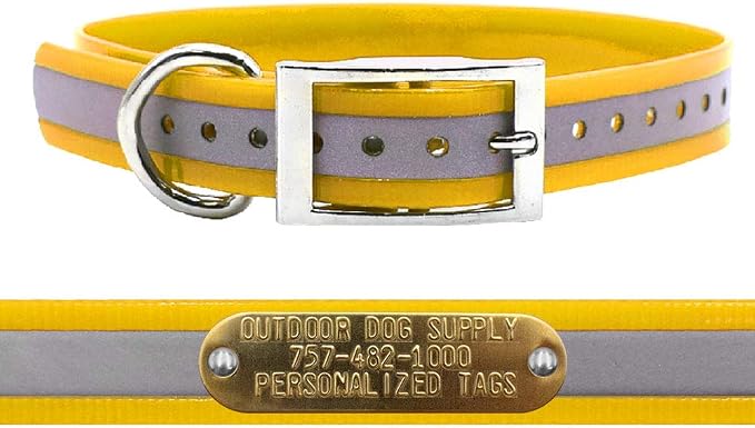 Outdoor Dog Supply 1" Heavy Duty Reflective Waterproof D-Ring Dog Collar for Medium & Large Dogs with 3/4" Custom Brass Nameplate (Reflective School Bus Yellow, 21")