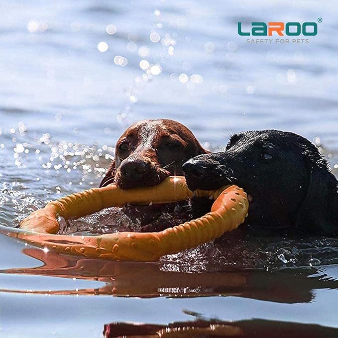 LaRoo Dog Chew Toy Ring, Floating Dog Pool Toy, Flying Disc for Medium & Large Dogs, Interactive Tug of War & Teething Relief, Pet Training Outdoor Fetch Toys (Orange,11.8'')