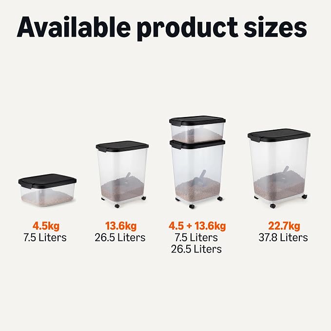 Amazon Basics Pet Food Storage Container with Wheels, BPA-Free, Detachable Scoop, 30lbs Capacity, Reliable Seal