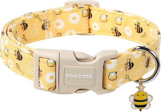 DOGWONG Yellow Bee Dog Collar- Cute Fun Dog Collars Adjustable Designer Spring Puppy Yellowe Dog Collar for Small Medium Large Dogs S