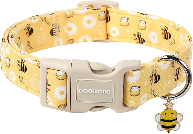 DOGWONG Yellow Bee Dog Collar- Cute Fun Dog Collars Adjustable Designer Spring Puppy Yellowe Dog Collar for Small Medium Large Dogs L