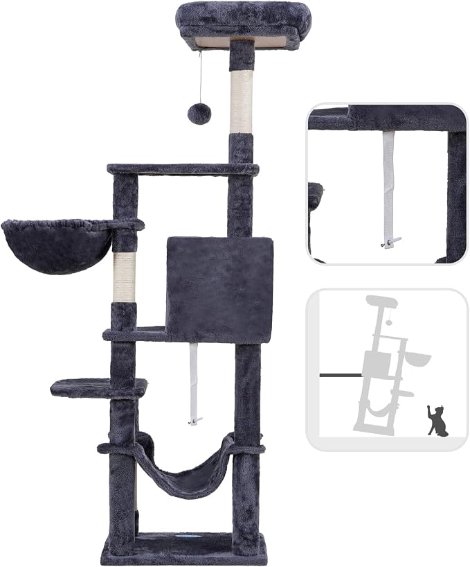 Hey-brother Cat Tree, Multi-Level Sisal Covered Scratching Posts, MPJ050G | 60.6 Inches Tower with Condo, Large Hammock, Top Perch, Toy Ball for Indoor Multi-Cats Households, Smoky Gray