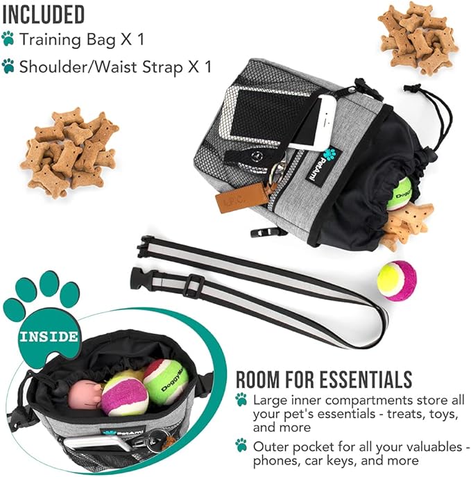 PetAmi Dog Treat Pouch, Pet Treat Pouch For Training, Dog Walking Bag Holder for Kibbles, Pet Food Toy, Dog Trainer Essentials Supplies, Poop Bag Dispenser, 3 Ways to Wear (Heather Gray)
