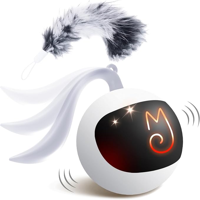 Migipaws Interactive Cat Ball Toy Set, Fun Tracker, Automatic Rolling Chase Ball with Fluffy Tail, A Small Mice, Rechargeable (White)