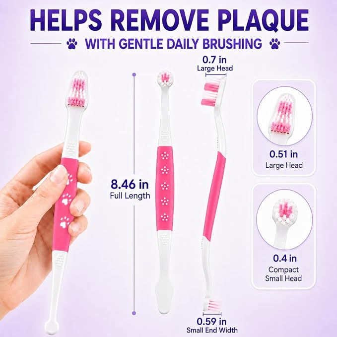 Dog Toothbrush, Dual-Head, for Medium-Large Dogs,Pink | Soft Bristles for Gentle Cleaning, 60° Curved Bristles for Better Coverage, Comfortable for Sensitive Gums