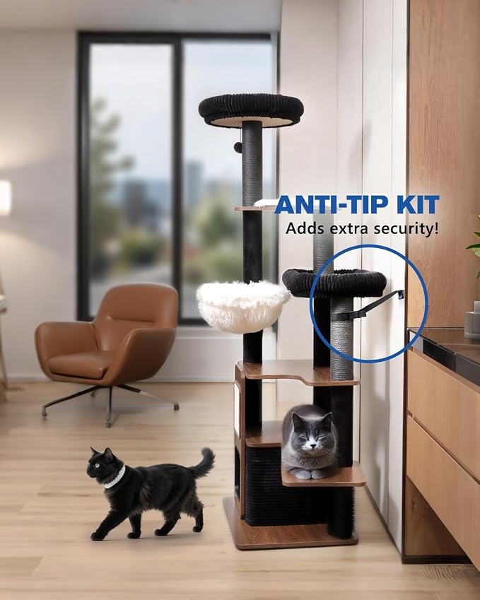 63" Wooden Cat Tree, Modern Cat Tower, Self-Grooming Brush, Walnut | Heavy Duty Cat Tree, Cats Furniture, for Large Cats up to 15 lbs, Climbing Post, Plush Top Perch, Stable Base, Cozy Cat Condo