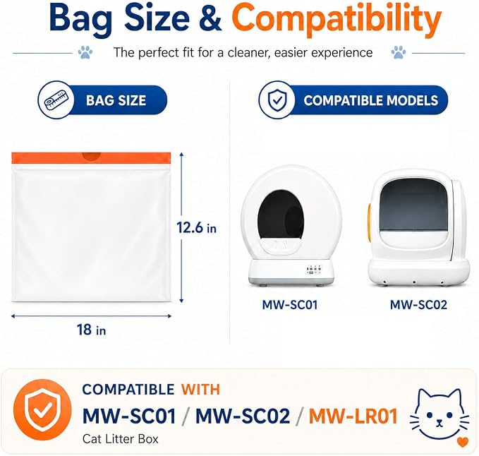 Cat Litter Bags Compatible with MW-SC01/SC02/SC09/LR01/LR02, Heavy Duty Drawstring Replacement Liners, Thick Leakproof Cat Litter Waste Bags, 18" x 12.6" (80Count) (80Count)