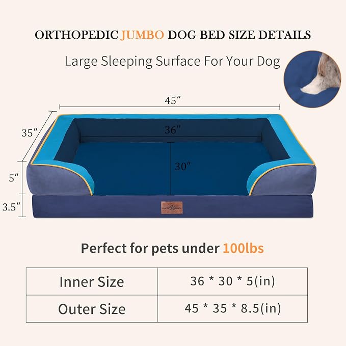 Comfort Expression Orthopedic Dog Bed for Extra Large Dogs with Bolster | Waterproof Dog Couch Bed with Washable Cover & Non-Slip Bottom, Supportive Egg Crate Foam XL Pet Bed, 45x35 Inch