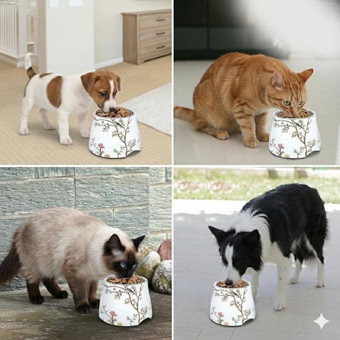 Ceramic Dog Bowl 5 inch Height for Cats and (10-25lbs) Small and Toy size Dogs includes Food-Grade 304 Stainless Steel Bowls Non-Slip 2 Cups(540ml) Bowl Feeder in an Artful and Design (White)