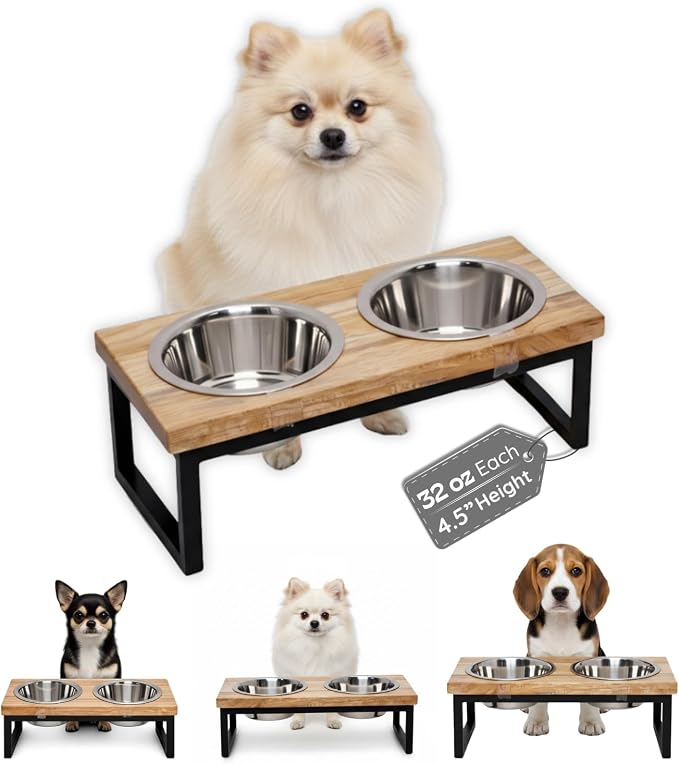 Elevated Dog Bowls, 4.5” Small Dogs/Cats Only Raised Bowl Mango Wood Stand, Food & Water 2 Stainless Steel Dishes Each 32oz/4Cup Capacity, Non-Slip Pet Feeder Station in Brown, toy Breeds