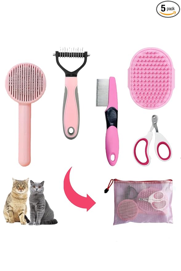 Grooming Kit for Indoor Long-Haired Cats - Self-Cleaning Brushes for Shedding and Matted Fur, Flea Comb Set, Pink