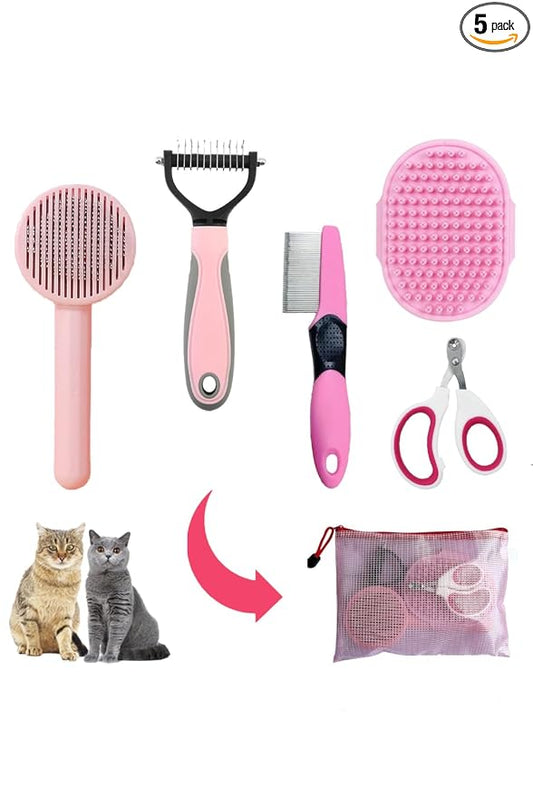 Grooming Kit for Indoor Long-Haired Cats - Self-Cleaning Brushes for Shedding and Matted Fur, Flea Comb Set, Pink