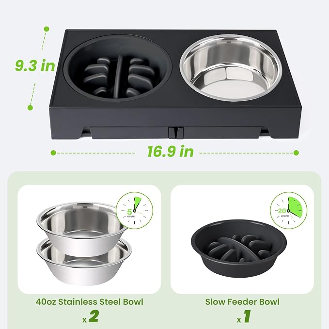 Elevated Dog Bowls with 5 Adjustable Heights Stand | Stainless Steel Bowls, Slow Feeder, 3.2" to 12.2" Hegiht Raised Dog Bowl for Small to Large Dogs