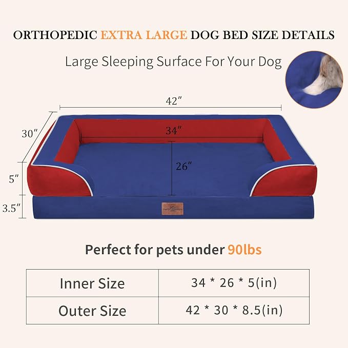 Comfort Expression Orthopedic Dog Bed for Extra Large Dogs with Bolster | Waterproof Dog Couch Bed with Washable Cover & Non-Slip Bottom, Supportive Egg Crate Foam XL Pet Bed, 42x30 Inch