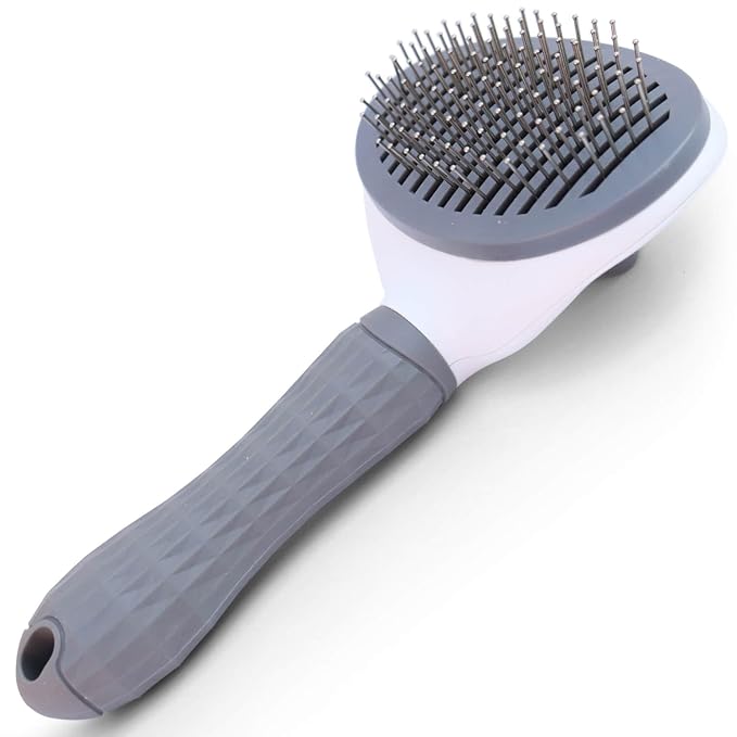 Self-Cleaning Slicker Brush - Upgraded Deshedding Tool for Dogs Cats with One-Click Clean & Ergonomic Grip, Ideal for Long/Short Haired Pets Gray Self-Cleaning Slicker Brush – Premium Deshe