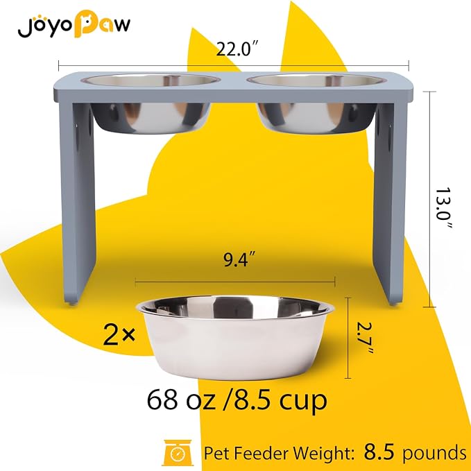 Elevated Dog Bowls, Bamboo Raised Dog Bowl for Large Dogs, with 2 Stainless Steel Bowls (13'' Tall-68 oz Bowl, Grey)
