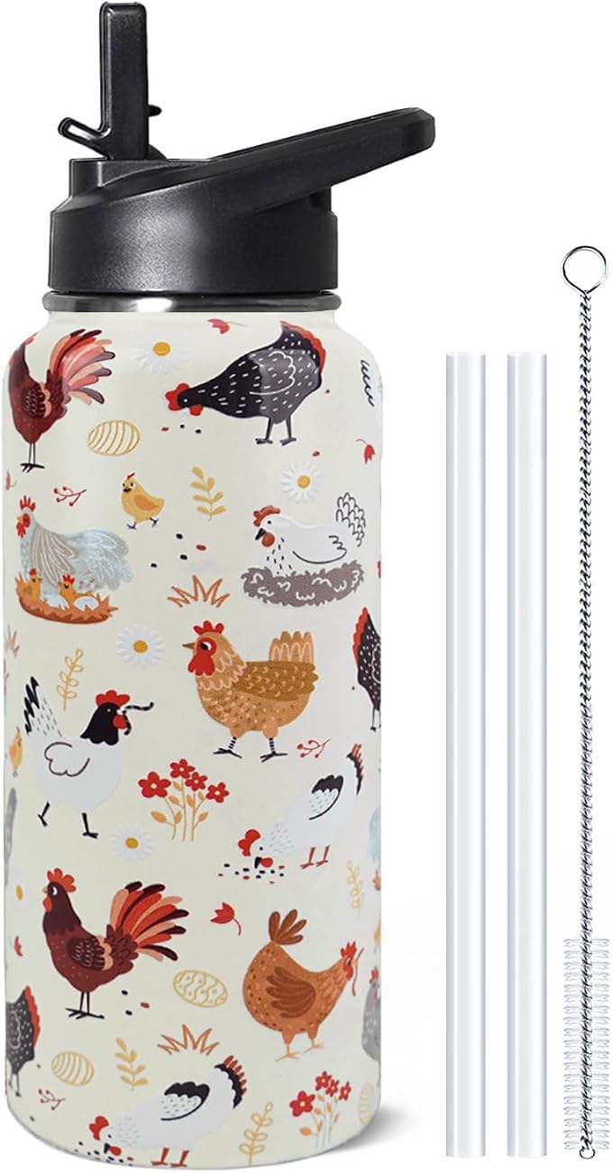 32oz Chicken Stainless Insulated Aater Water Bottle with Straw Gym Hiking Sports Coffee Mug Cup Water Bottles,Chicken Gifts for Women,Chicken Decor Stuff Accessories